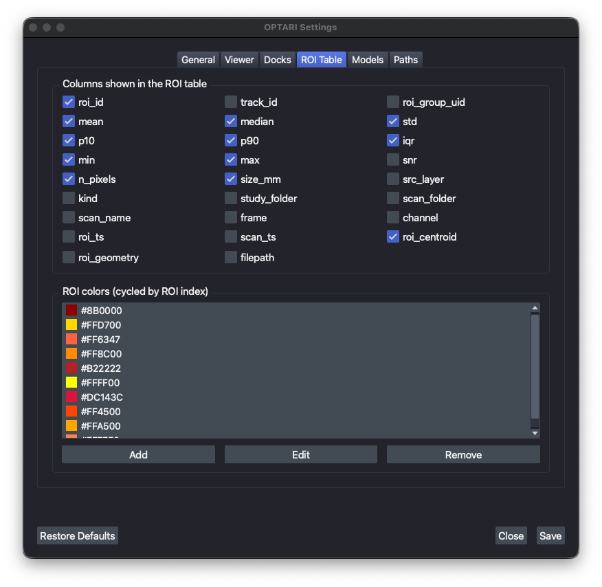 Settings – ROI Table
